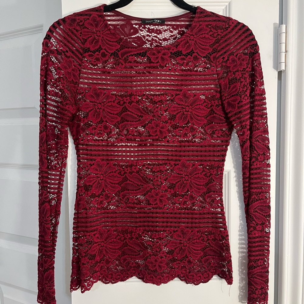 Forever 21 Floral Lace Long Sleeve Top - Burgundy